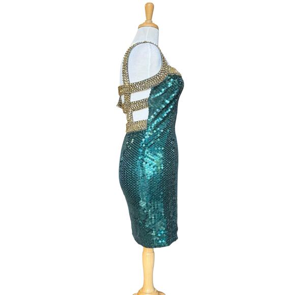 VTG Niteline Della Roufogali Mini Dress Sz 4 Green Gold Sequins Cocktail Party - Picture 4 of 15